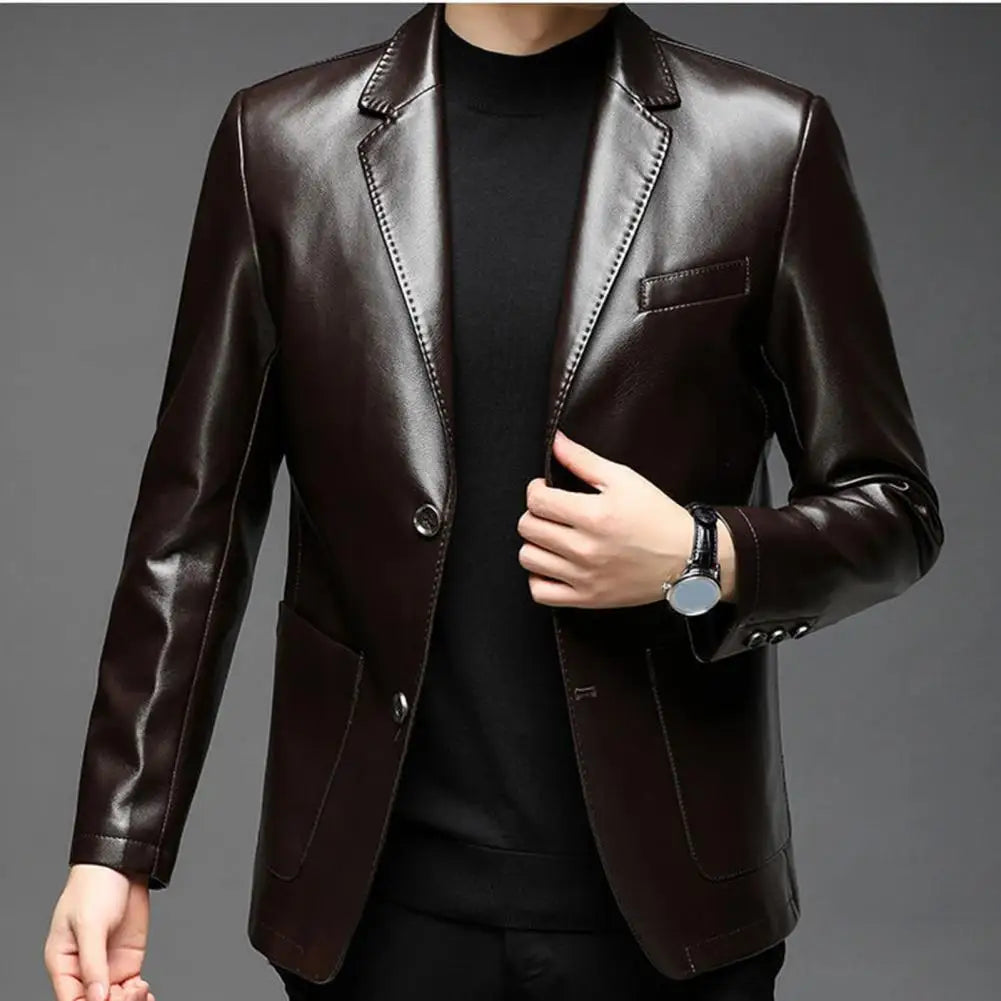 Fashionable Men Jacket with Cuff Buttons Stylish Men's Faux Leather Jacket with Lapel Collar Button Cuffs Pocket for Outdoor