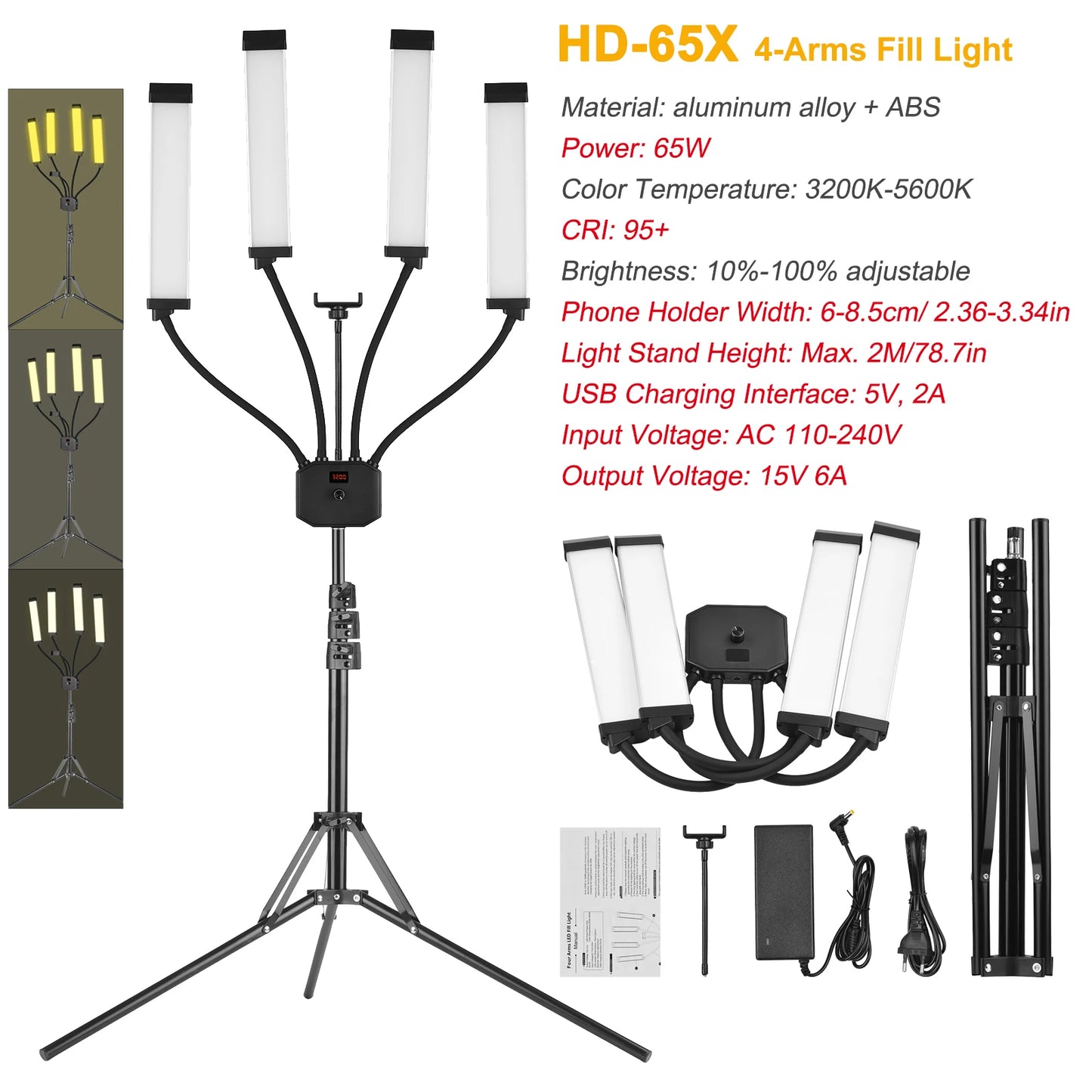 Flexible 4-Arms/Dual-arm LED Video Light Photography Fill Light 3200K-5600K with Metal Light Stand for Makeup Live Streaming