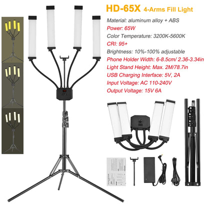 Flexible 4-Arms/Dual-arm LED Video Light Photography Fill Light 3200K-5600K with Metal Light Stand for Makeup Live Streaming