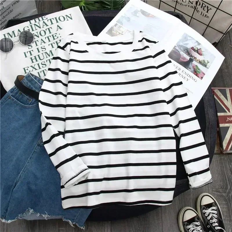 Spring Autumn Women Harajuku Striped T Shirt Long Sleeve O-Neck T-Shirts Korean Casual Oversized T Shirt Femme Black Tops