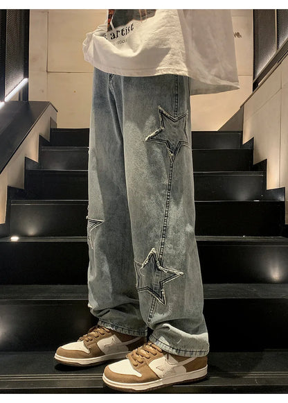 New Fashion Five-pointed Star Jeans Men High-waisted Vintage Streetwear Men Pants Baggy Winter Wide-leg Jeans Denim Men Clothing