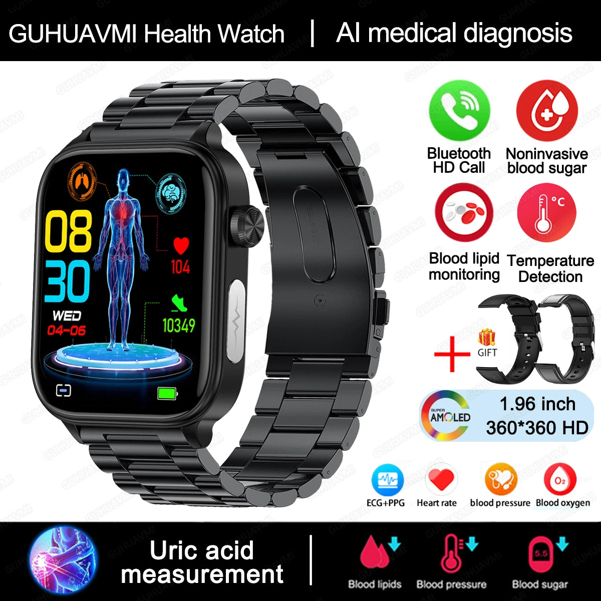 AI Medical Grade Health Smart Watch Women ECG+PPG+HRV Micro Examination Blood Sugar Fat Uric Acid Heart Rate BT Call Smartwatch