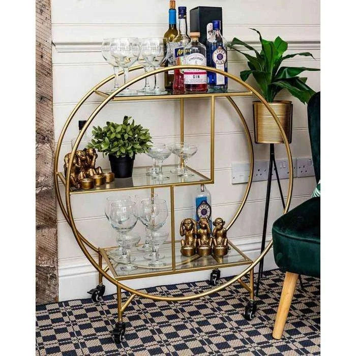 Light Luxury Round Frame With 4 Wheel 3 Tier Gold Metal With Mirror Trolley Bar Cart Hotel Furniture Cart Home Garden Storage