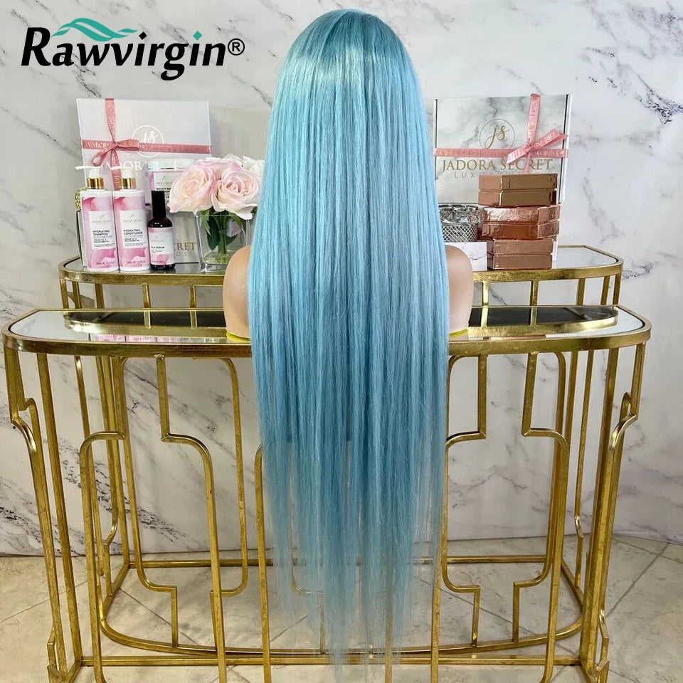 Light Blue Long Natural Straight Wig 13x4 HD Lace Frontal Wig Human Hair Brazilian Pre Plucked Lace Wigs for Black Women