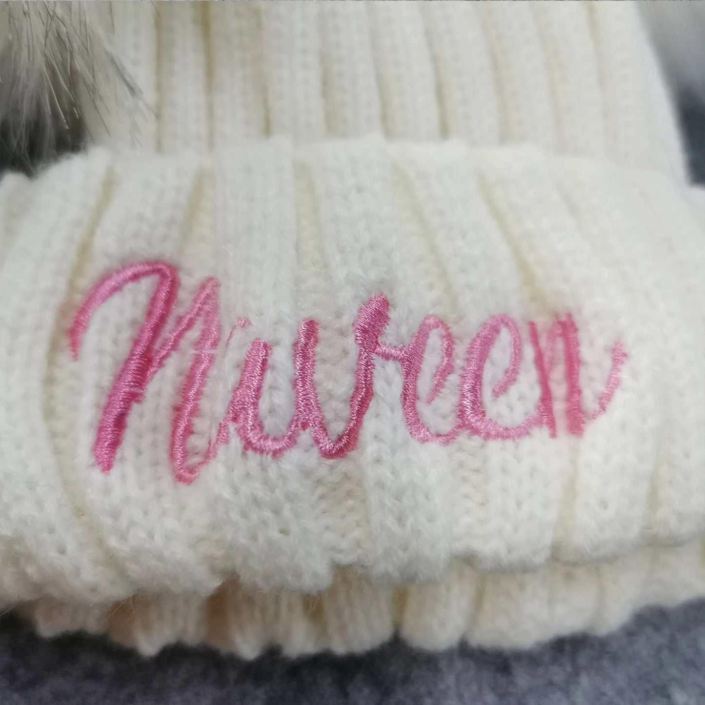 Embroidered Name Kids Double Pom Pom Beanies Hat Christmas Baby Shower Gift Winter Hat Personalized Baby Name New Year Hat