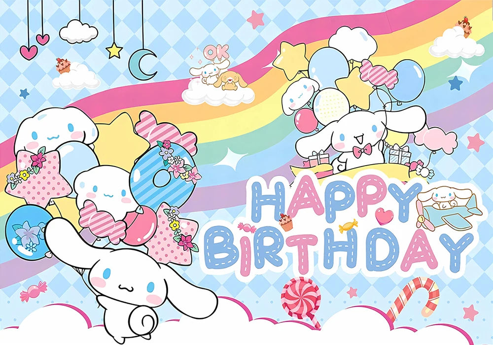 Sanrio Backdrops Banner Rainbow Balloons Cartoon Cinnamoroll Children's Happy Birthday Party Decor Photo Background Booth Props