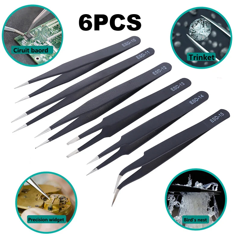 6PCS ESD Anti-Static Stainless Steel Tweezers Precision Maintenance Industrial Repair Curved Home Working Hand Phone Watch Tool