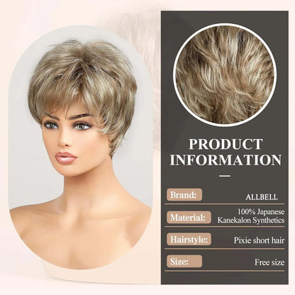 Light Blonde Mixed Off-White Short Pixie Cut Wigs for Women With Bangs Kanekalon Human-hair Like Texture Natural Layered Hair