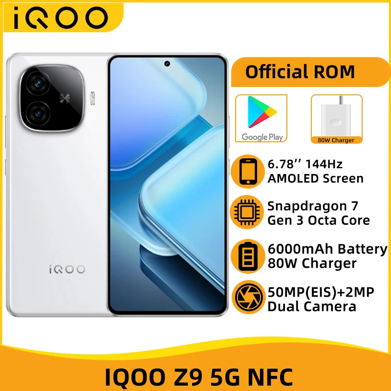 IQOO Z9 5G NFC Snapdragon 7 Gen 3 Octa Core 6.78" 144Hz AMOLED Screen Smartphone 6000mAh Battery 80W Fast Charger 50MP Camera