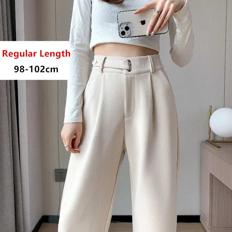 Seoulish Autumn Winter Thicken Woolen Casual Loose Full Length Pants 2023 New Button High Waist Chic Wide Leg Trousers Female