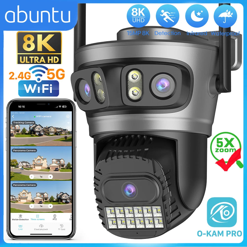 15MP 8K Three Lens Three Screens PTZ Wifi Camera Outdoor HD 5G Wifi Security Camera Ai Human Detection Home Surveillance Camera