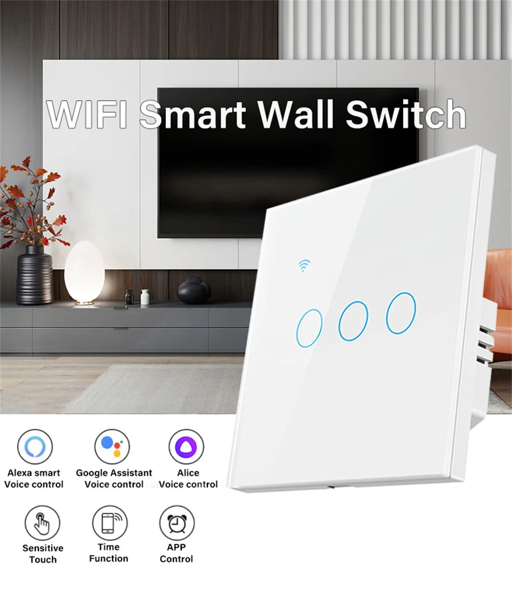 TUYA EU WiFi Smart Touch Switch 1/2/3/4gang Smart Light Switch Neutral Wire/No Neutral Wire Required Touch Switch Alexa Google