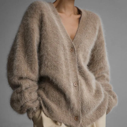 Autumn Fashion Imitation Mink Fur Knitted Cardigan Women Casual Long Sleeve Button Loose Sweater Lady Warm Knitwear Top