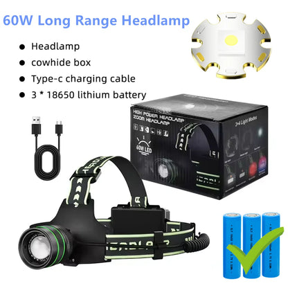 Powerful Headlamp Spotlight Long Range Type-C Charging With Wave Hand Induction SOS Head Light For Camping Night Fishing