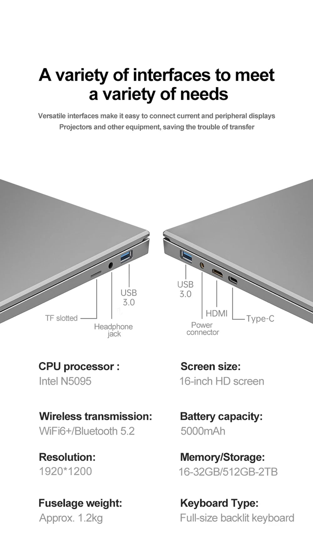 2025 new laptop Intel N5095 Windows 11 Pro 16 inch 2K HD screen 16G RAM 2TB SSD DDR4 WIFI5  Business Office Lightweight Computer