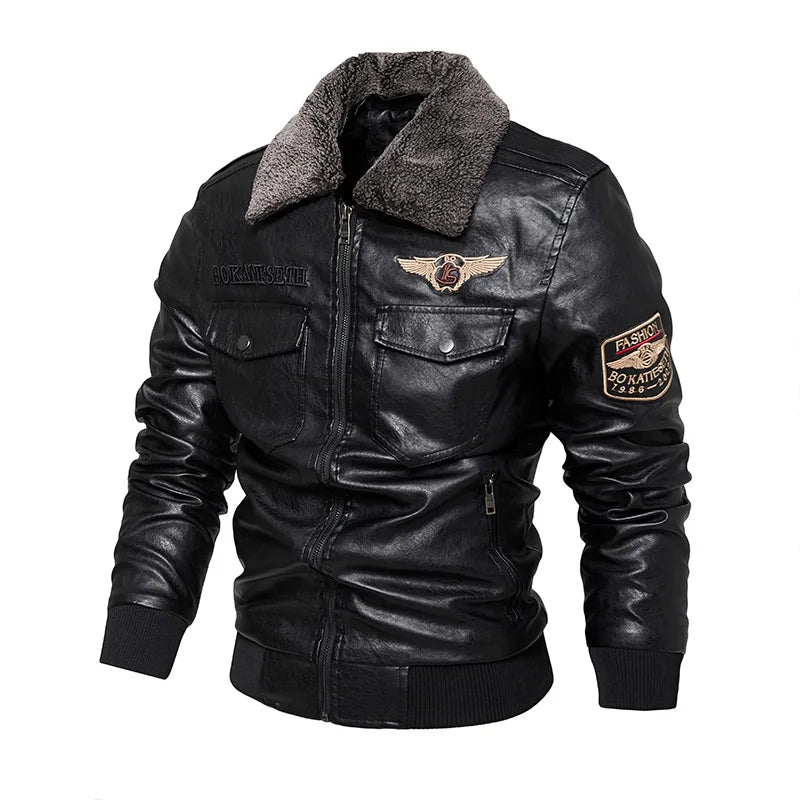 Men's Autumn And Winter Embroidery Original Leather Moto & Biker Coat Jacket Motorcycle Style Casual Warm Overcoat