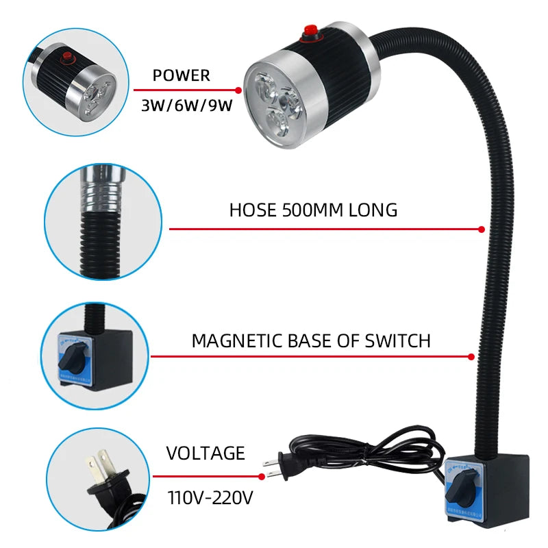 Led Machine Tool Light 3W 6W 9W Long Arm Hose Workshop Working Lights Magnetic / Screw Base Super Bright Industrial Lamp