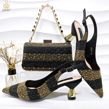 QSGFC INS 2024 Gold Color Elegant Women Heels Shoes and Bag Set Hollow Rhinestones  High Heels Wedges Shoes Matching Bag