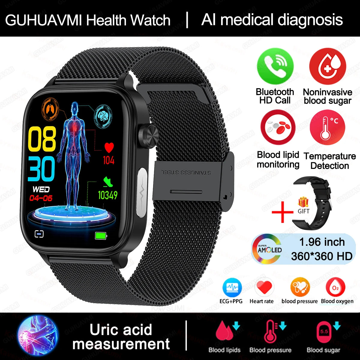 AI Medical Grade Health Smart Watch Women ECG+PPG+HRV Micro Examination Blood Sugar Fat Uric Acid Heart Rate BT Call Smartwatch