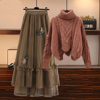 Oversized Women's Autumn Set 2023 New Temperament Senior Knitted Sweater Mesh Half Skirt Two Piece Set Fashion