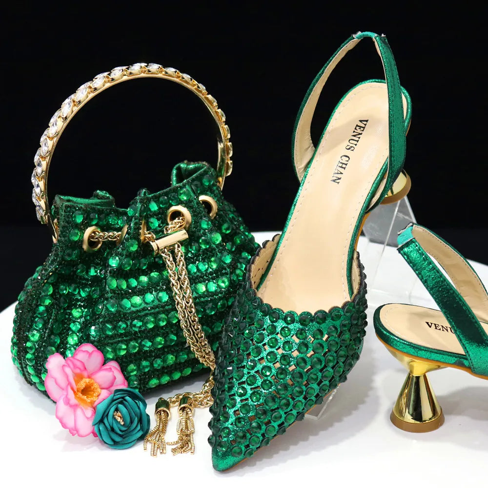 Venus Chan High Heels for Lady 2023 Luxury Designer Green Color Full Diamond Pointed Toe Wedding Shoe and Bag Set for Party