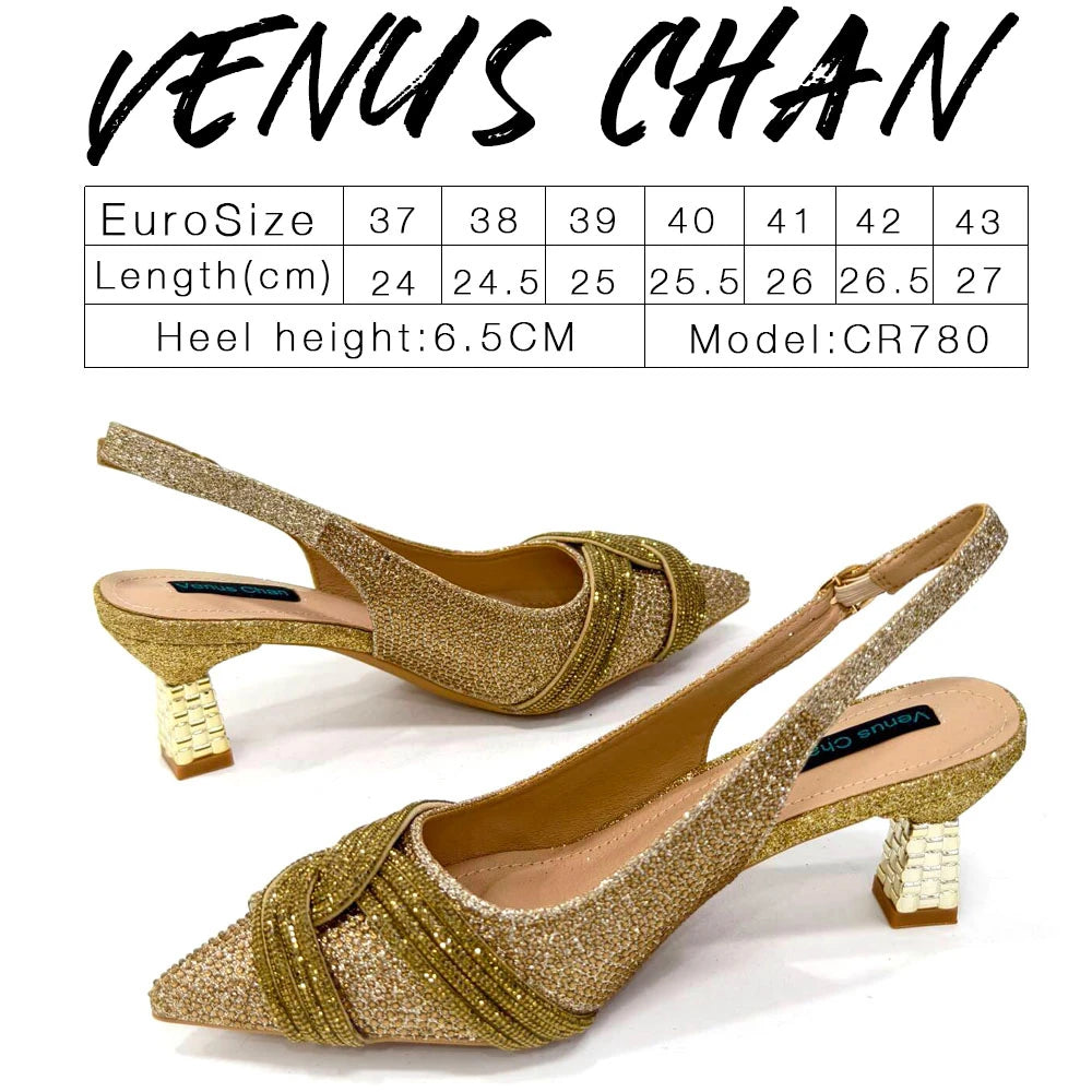 Venus Chan-Nigerian Heel Party for Women Shoes and Bag Set Champagne Colour Rhinestone Handbag Italian Design Wedding INS 2024