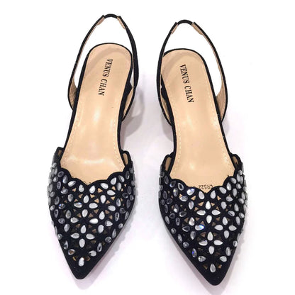 Venus Chan Low Heel Shoes for Women Hollowed Out Embroidery Rhinestone Italian Design Gold Color Pointed-Toe Shoes and Bags Set