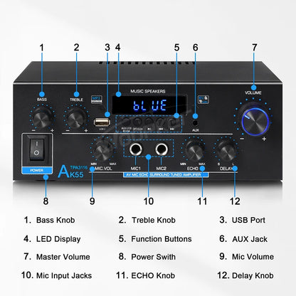 Woopker Digital Amplifier AK55 Audio Bass Audio Power Bluetooth Home Amplifier Hifi FM Auto Music Subwoofer Speakers USB SD Mic