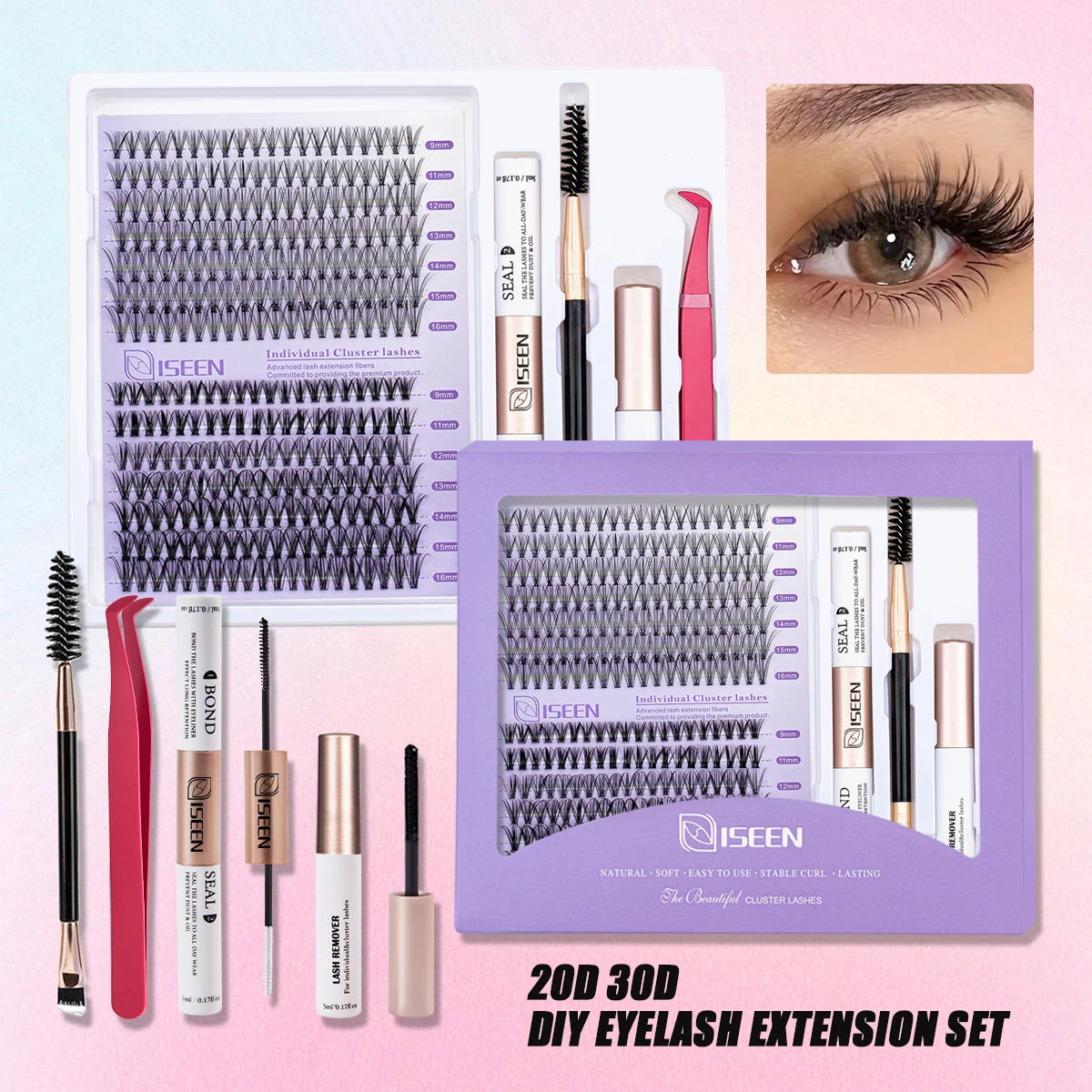 DIY Lash Extension Mix Styles Individual Lash Clusters with Bond&Seal Remover Tweezers Lash Brush eye Makeup tool