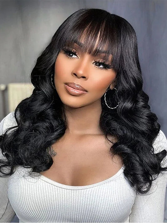 30 inches Body Wave Human Hair Wigs With Bangs Short Bob Wig 180% Density Brazilian Fringe Remy Full Machine Made Wig For Women