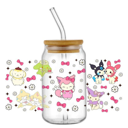 Miniso New Hello Kitty Theme For Libbey 16oz Can Glass Kuromi Coffee Waterproof UV DTF Coffee Can Wrap Libbey Glass 3D Wrap