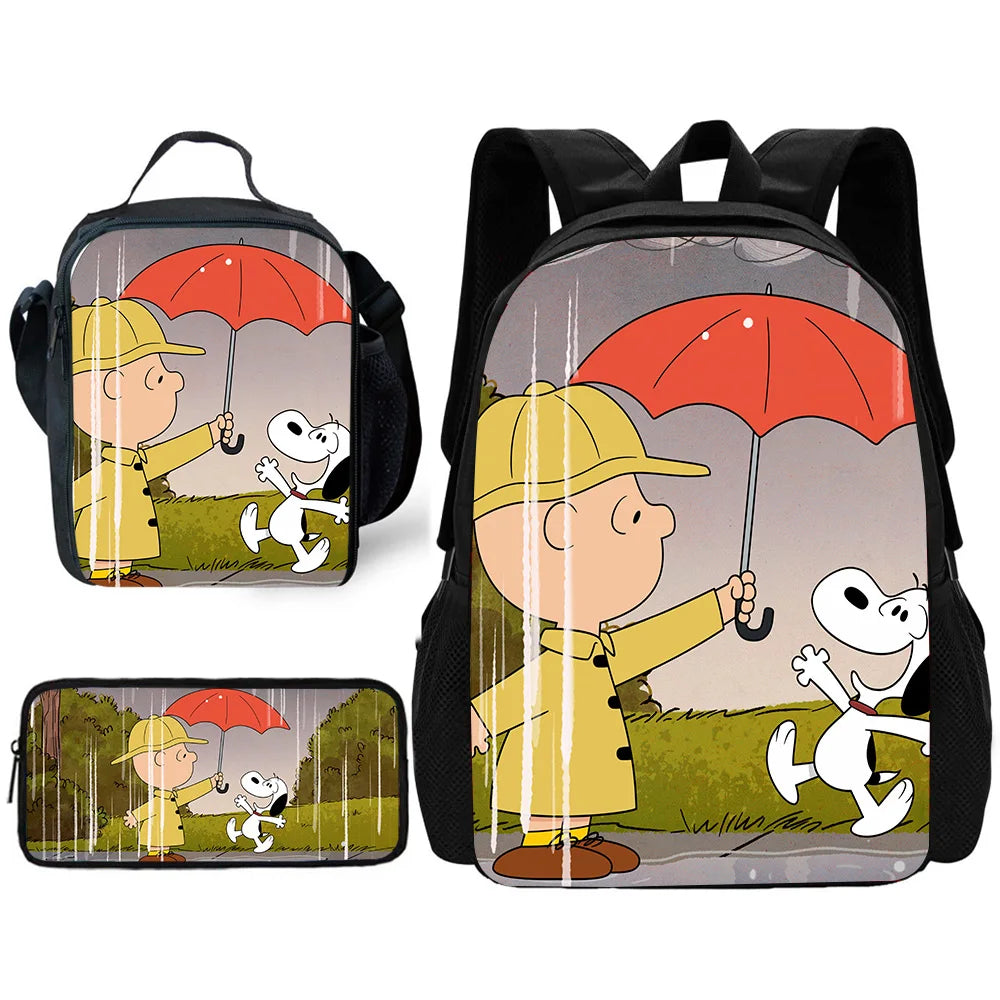 Cartoon Cute S-SnoopyS 3 pcs set Child School Backpack with Lunch Bags ,Pencil Bags ,School Bags for Boys Girls Best Gift