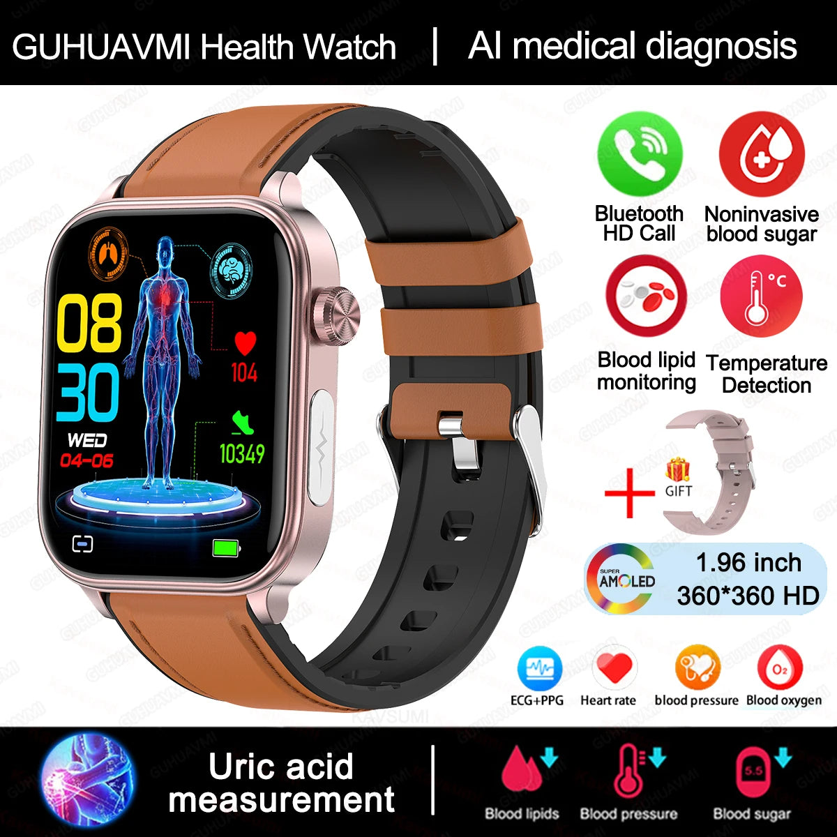 AI Medical Grade Health Smart Watch Women ECG+PPG+HRV Micro Examination Blood Sugar Fat Uric Acid Heart Rate BT Call Smartwatch