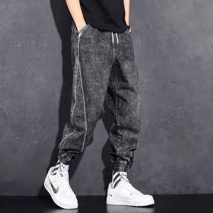 Loose Elastic Waist Denim Jeans for Men 2024 Fashion Casual Spring Workwear Foot-Tied Pants with Brand Workwear Baggy Trousers