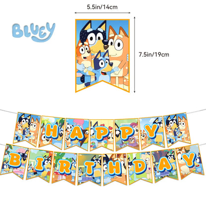 Cute Bluey family Dog Birthday Party cutlery plate Disposable Banner Cake Topper Hanging Flag Balloons Set Birthday Decorations