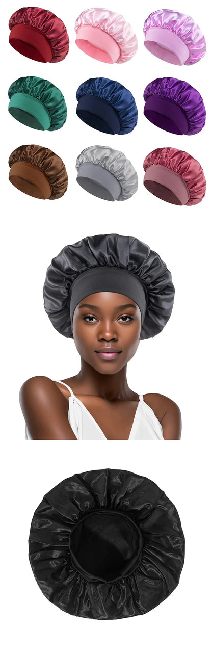 Women Satin Bonnet Hair Bonnet for Sleeping Hair Care Silk Bonnets Solid Wide-brimmed Sleeping Hat with Elastic Soft Band