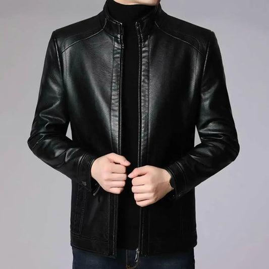 Men Jacket Faux Leather Solid Color Stand Collar Coat Smooth Zipper Neck Windproof Outerwear For Autumn Winter