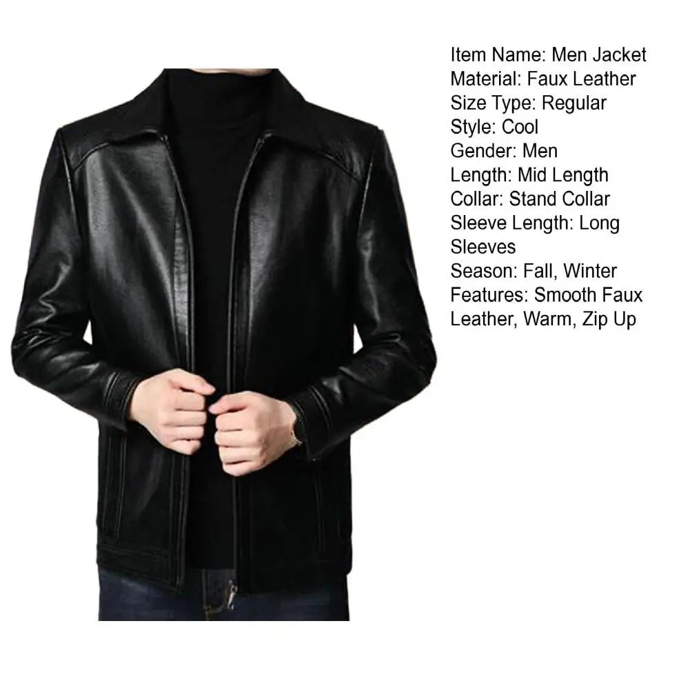 Men Jacket Faux Leather Solid Color Stand Collar Coat Smooth Zipper Neck Windproof Outerwear For Autumn Winter