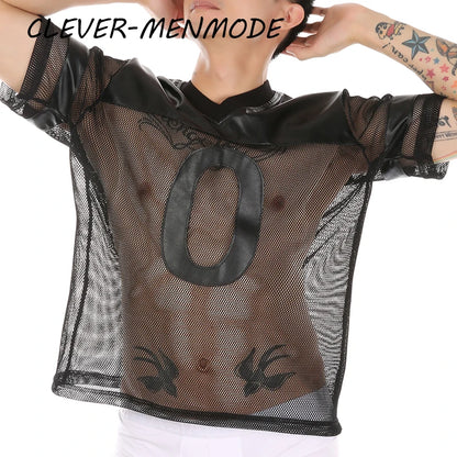 Men's Sexy Faux Leather Fishnet Short Sleeve Cutout PU T Sleeve Breathable V-Neck Short Sleeve Basketball Jersey Sportswear