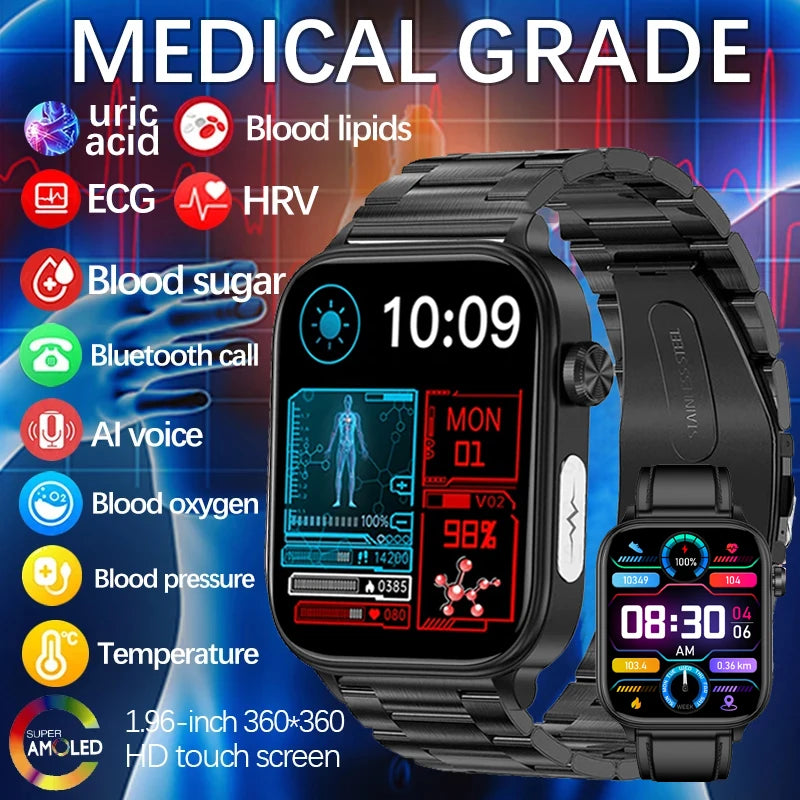 2024 New Medical Grade Smart Watch Men Blood Glucose Lipid and Uric Acid AI Diagnostic Detector Bluetooth Call Health Smartwatch