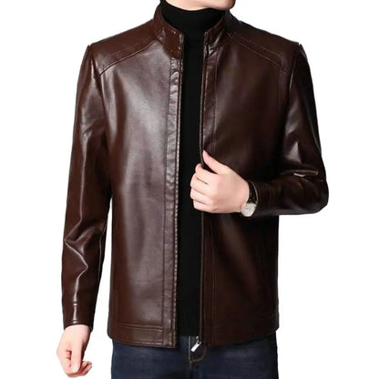 Men Jacket Faux Leather Solid Color Stand Collar Coat Smooth Zipper Neck Windproof Outerwear For Autumn Winter