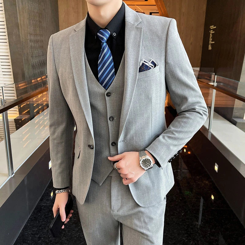 2024 Groom Wedding High-grade Suit (suit + Vest + Trousers) Winter Stripes Business Fashion Handsome Casual Suit Three-piece Set