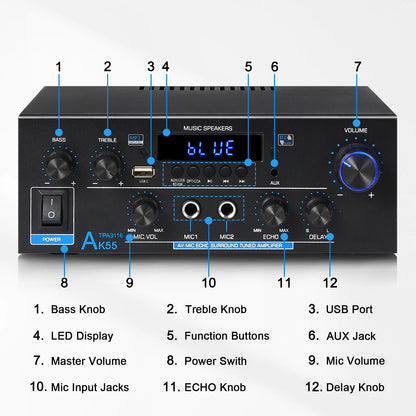 Woopker Digital Amplifier AK55 Audio Bass Audio Power Bluetooth Home Amplifier Hifi FM Auto Music Subwoofer Speakers USB SD Mic