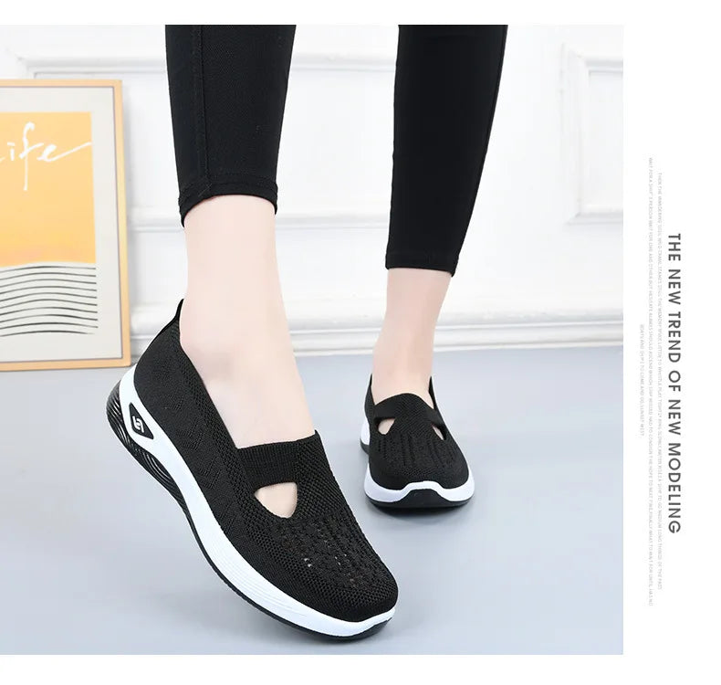 Women's New Summer Shoes Mesh Breathable Sneakers Light Slip on Flat Platform Casual Shoes Ladies Anti-slip Walking Woven Shoes