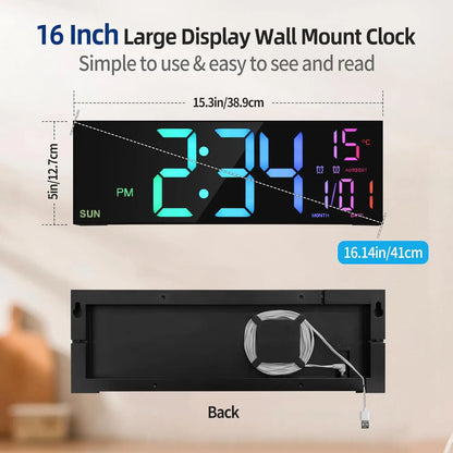 16.2'' Large Digital Wall Clock with Remote Control Big LED/Dual Alarm/8 RGB Colors Digital Alarm Clock Electronic Watch