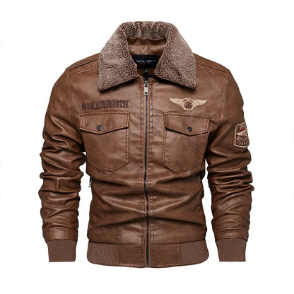 Men's Autumn And Winter Embroidery Original Leather Moto & Biker Coat Jacket Motorcycle Style Casual Warm Overcoat