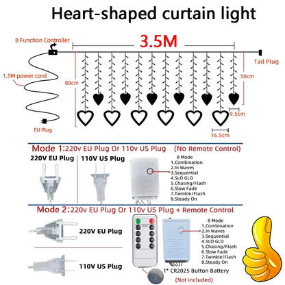 3.5M Curtain Garland Heart-shaped LED Fairy String Lights 220V/110V For Valentine Day Bedroom Christmas Wedding Party Decoration