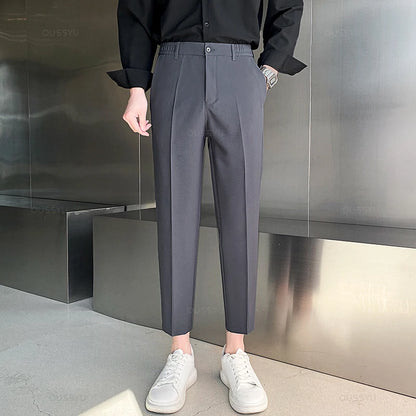 Spring Summer Suit Pants Men Stretch Business Elastic Waist Slim Ankle Length Pant Korean Trousers Male Large Size 40 42