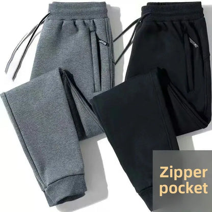 Fleece-Lined Men's Sweatpants Winter Loose-Fit Plus Size Thickened Casual Pants Zip-Up Straight-Leg Trousers Spring Autumn