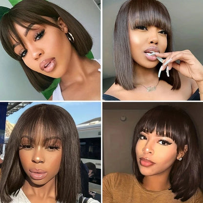 Nature Black Straight Bob Wigs With Bang Sleek Brazilian Short Hair Bob Wigs For Black Women Red 99J Glueless Machine Made Cheap